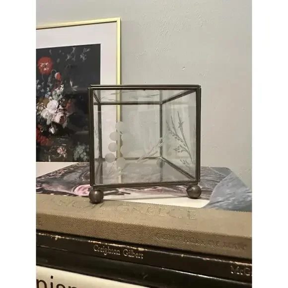 Vintage Etched Glass And Bronze Jewelry Display Catch All Box Floral Design - Picture 3 of 5